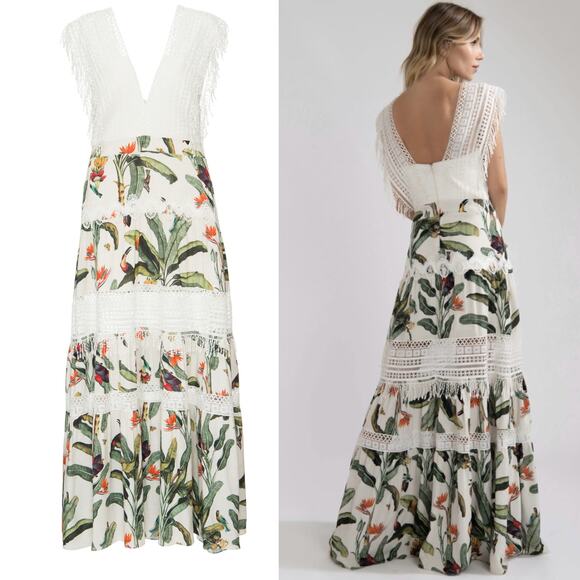 PatBo NWT Tropical Print Lace Trim Maxi Dress - Picture 2 of 12